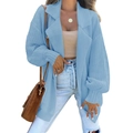Close-up of light blue knitted cardigan featuring wide lapels and ribbed cuff details - S / Blue