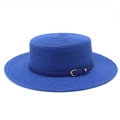 Chapeau de paille bleu à bord large avec ruban en cuir et boucle dorée élégante - M (56-58cm) / Bleu Saphir