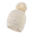 Women's warm winter knit beanie in cream with faux fur pom pom and rhinestone accents - Adjustable / Beige