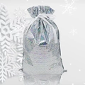Close-up of silver laser gift bag with white drawstring and festive snowflake background - 29*43cm Laser Phantom Silver