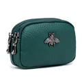 Dark green leather coin purse with double zipper and silver bee relief decoration - Dark Green