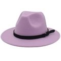 Classic lilac felt fedora hat with wide brim, black decorative band and gold buckle detail - Light Purple