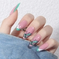 Unghie finte a mandorla rosa con farfalle e punte french verde menta per manicure - Stile French a Farfalla-Tipo Colla (Y-188)