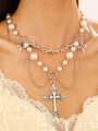 Gelaagde punk ketting met kruishanger, parels en sterbedel in zilveren afwerking - Antiek Zilver (A-343)