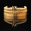 Three-piece gold plated men's jewelry set with crown beads and Roman numerals - Gold Crown with Black Zircon