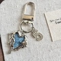 Denim heart wings keychain with rhinestone number 5 pendant and silver spring clasp - Creative Heart