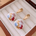 Vintage enamel teardrop floral earrings with gold hooks in a jewelry display box - Gold Flower Pendant (86#)