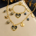 Gold stainless steel evil eye heart pendant necklace and bracelet jewelry set for women - 2-Piece Set (N3982 B1950)