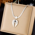 Silver angel wing pendant necklace with black and white rhinestones on snake chain - Angel Wings Style (N2532) / Silver