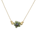 Natural ceramic star pendant necklace with green flower beads on a gold ball chain - Copper and Grass Green Star