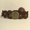 Detail of bohemian retro waist belt with engraved bronze mandala buckle and metal rivets - Bronze Red-Brown 115cm