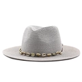 Detail of grey straw cowboy hat with a bohemian shell band decoration on white background - M (56-58cm) / Gray