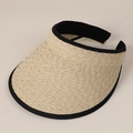 Detail of straw woven visor hat with beige texture and black ribbon edge design - M(56-58cm) / Beige