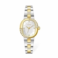 Women's two-tone quartz watch with oval gold bezel and rhinestone crystals - Two-tone Case White Dial