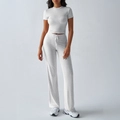 Women's casual grey two-piece set featuring short sleeve t-shirt and drawstring joggers - S / Mottled Grey