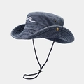 Vintage navy blue washed denim bucket hat with white wave embroidery and windproof rope - One Size / Navy Blue