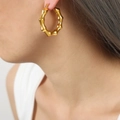 Elegant 18k gold plated stainless steel C-shape bamboo texture hoop earring for women - Large Gold Earrings / 38X38mm / Gold