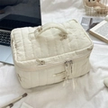 Close-up of quilted cotton cosmetic bag with cute bunny embroidery and carry handle - Large Capacity Vertical Stripe Style