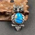 Vintage silver owl brooch with blue agate gemstone and sparkling marcasite accents - Blue Agate
