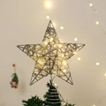 Punta per albero di Natale a stella argento scintillante con luci LED calde - Stella Argentata Traforata Luminosa / 25cm