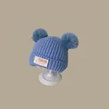 Blue winter knitted baby hat with double pom poms and ear flaps for warmth - Korean Style Children's Clothing Blue (2 Months - 2 Years Old)