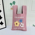 Pink knit tote bag with colorful flower patterns and woven lettering for women - Three Flowers Pink
