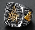 Detailed close-up of a two-tone Freemasonry signet ring with cubic zirconia accents - US 7 / Two-tone (Gold & Silver)