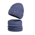 Winter Strickmütze und Loopschal Set für Herren in Blau mit warmem Fleecefutter - Marineblau