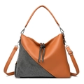Fashionable brown leather tote bag with rhinestone patchwork and adjustable strap - Yellow