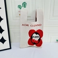 Beige knitted tote bag with red flower pattern and text in casual knit style - HAPPY Beige