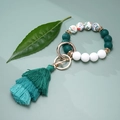 Silicone bead keychain bracelet in dark green and floral prints with triple tassel - Dark Green Pattern (#7)