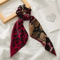 Satin ponytail scrunchie with long ribbons in red leopard and brown python print - Dark Red Leopard