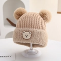Beige baby cable knit hat with dual fur pom-poms and cute teddy bear patch detail - Bear Patch Style (Style 1) / Khaki