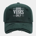 Detailed view of Good Vibes Only embroidery on dark green vintage distressed baseball cap - Adjustable / Dark Green