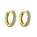 Close-up of golden huggie earrings with triple-row pavé set sky blue gemstone texture - Gold Lake Blue Zircon