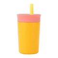 Mini 304 stainless steel insulated coffee cup with yellow body and pink textured straw lid - 12oz / Straw Style / Yellow