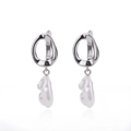 Silver drop earrings with two natural white baroque pearls in a geometric style - Silver Mirror Finish Leverback with Baroque Pearl