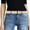Elastic stretch belt in beige with rectangular metal buckle on blue jeans - Khaki / 80-100cm