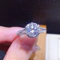 Silver ring with round moissanite in six-prong setting on split pavé shank - White Gold [6.5mm] Ljz-14 / Adjustable Open