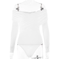Close-up of white off-shoulder bodysuit featuring cross pleated chest and elastic fabric detail - S / White