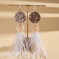 Detail of bohemian long feather earrings with resin marble disc on a gold stand - Coffee Marble Texture Feather