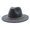 Detailed close-up of dark grey wool felt fedora featuring a gold metal chain band - M (56-58cm) / Dark Gray