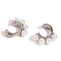 Silver-finished C-shaped ear clips set with five white round pearls and high metal luster - Four Pearls J-Shaped Ear Cuff - Silver/Steel