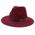 Detail of burgundy wool felt fedora featuring black band with gold hardware - M (56-58cm) / Burgundy
