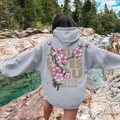 Grey oversized hoodie with cherry blossom and Jesus Loves You print on the back - S / Light Gray