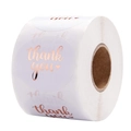 Roll of white round thank you stickers with rose gold foil lettering and heart icon - 1 inch (25mm)