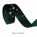 Dark green 1-inch velvet ribbon with gold stars and dots pattern for DIY crafts - 2.5cm / Dark Green