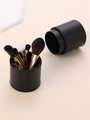 Set da 9 mini pennelli trucco con manici in metallo dorato e custodia in pelle nera - 9 pennelli marroni + tubo portaoggetti