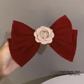 Elegant red velvet bow hair clip with a cream rose detail and secure spring clip - 12# Velvet Bow Spring Clip - Red Camellia