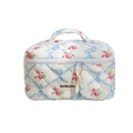 Neceser acolchado blanco con estampados de rosas rosas, lazos azules y cremalleras - Azul Floral Lazo Apertura Superior